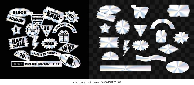 Holographic stickers. Hologram labels of different shapes. Sticker shapes for design mockups. Holographic textured stickers for preview tags, labels. For Marketplace Shop Sticker, Special Offers Pack.