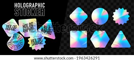 Holographic stickers. Hologram labels of different shapes. Colored blank rainbow shiny emblems, label. Paper Stickers. Vector illustration