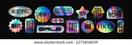 Holographic stickers. Hologram labels of different shapes. Sticker shapes for design mockups. Holographic textured stickers for preview tags, labels. Vector illustration