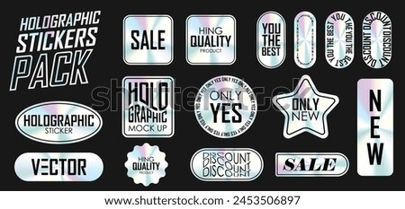 Holographic stickers. Hologram labels of different shapes. Sticker shapes for design mockups. Holographic textured stickers for preview tags, labels. Vector illustration