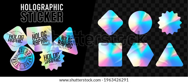 Holographic stickers. Hologram labels of\
different shapes. Colored blank rainbow shiny emblems, label. Paper\
Stickers. Vector\
illustration