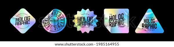 Holographic stickers.\
Hologram labels of different shapes. Sticker shapes for design\
mockups. Holographic textured stickers for preview tags, labels.\
Vector\
illustration