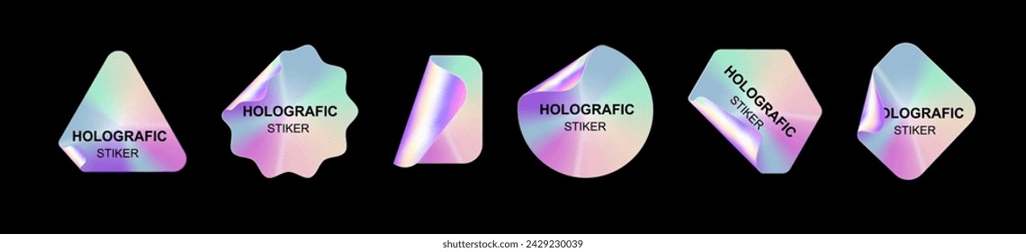 Holographic stickers. Hologram labels shapes. Holographic textured stickers for preview tags, labels. Sticker for design mockups. Vector