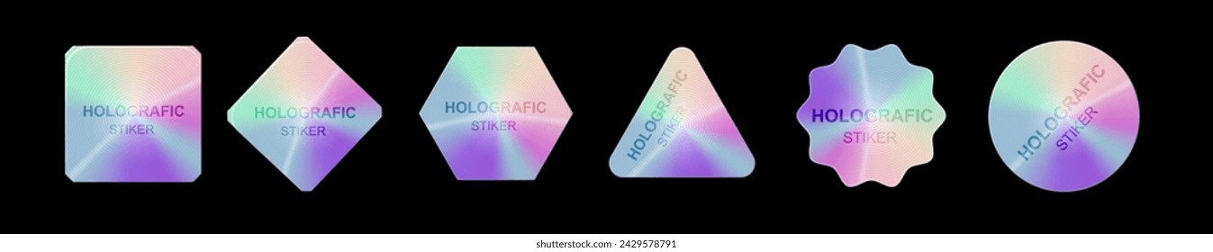 Holographic stickers. Hologram labels shapes. Holographic textured stickers for preview tags, labels. Sticker for design mockups. Vector