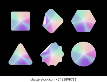 Holographic stickers. Hologram labels shapes. Colored blank rainbow shiny emblems label. Vector