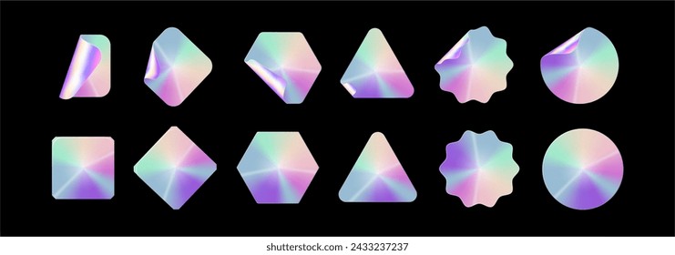 Holographic stickers. Hologram labels shapes. Holographic textured stickers for preview tags, labels. Sticker for design mockups. Vector