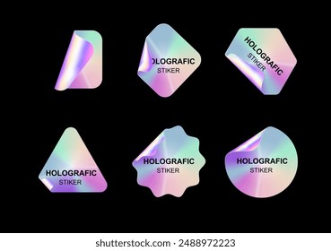 Pegatinas holográficas. Formas de etiquetas holográficas. Etiqueta de emblemas brillantes de arco iris en blanco de color. Vector