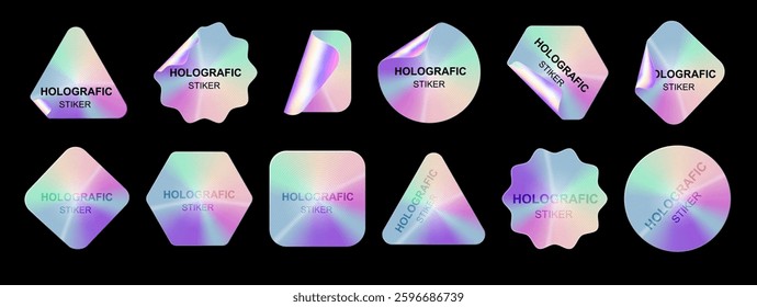 Holographic stickers. Hologram labels shapes. Holographic textured stickers for preview tags, labels. Sticker for design mockups. Vector