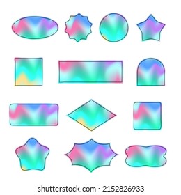 Holographic stickers. Labels with holograms of different shapes. Forms of stickers for design layouts. Holographic textured stickers for preview tags, labels. Vector illustration