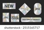 Holographic stickers logos emblem labels color set. New High quality product For packaging product of promotional material. Sticker for clothes or accessories. Vector illustration.