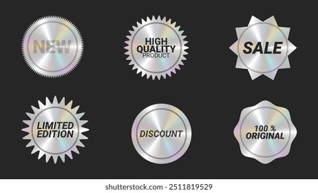 Holographic stickers logos emblem labels color set. For packaging product of promotional material. Sticker for clothes or accessories. Vector illustration.