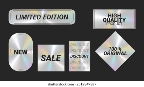 Adesivos holográficos logotipos etiquetas emblema conjunto de cores. Oval quadrado losango. Para produto de embalagem de material promocional. Adesivo para vestuário ou acessórios. Ilustração vetorial.