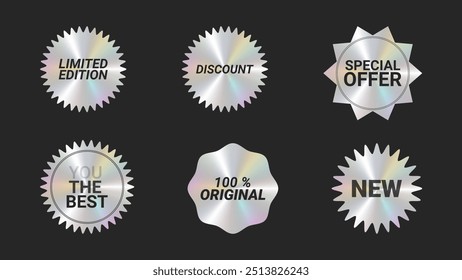 Holographic stickers logos emblem labels color set. Metallic effect. For packaging product of promotional material. Sticker for clothes or accessories. Vector illustration.