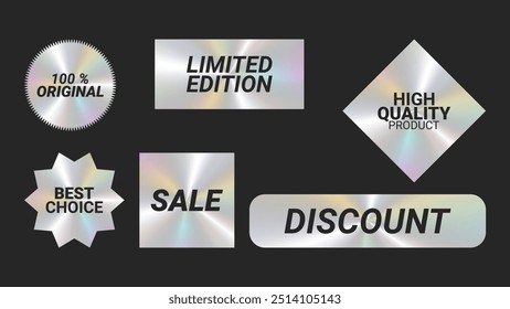 Holographic stickers logos emblem labels color set. Color hologram. For packaging product of promotional material. Sticker for clothes or accessories. Vector illustration.