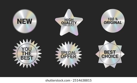 Holographic stickers logos emblem labels color set. Flickering effect. For packaging product of promotional material. Sticker for clothes or accessories. Vector illustration.