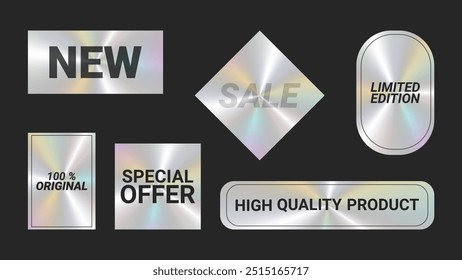 Holographic stickers logos emblem labels color set. New High quality product For packaging product of promotional material. Sticker for clothes or accessories. Vector illustration.