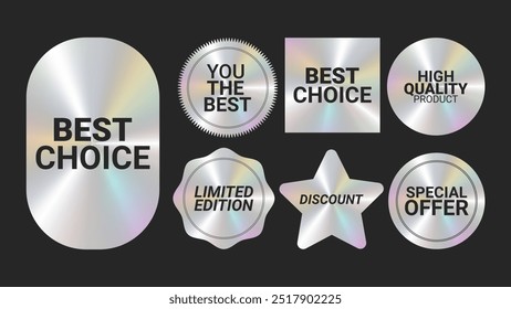Holographic stickers logos emblem labels color set. Rainbow Stickers. For packaging product of promotional material. Sticker for clothes or accessories. Vector illustration.
