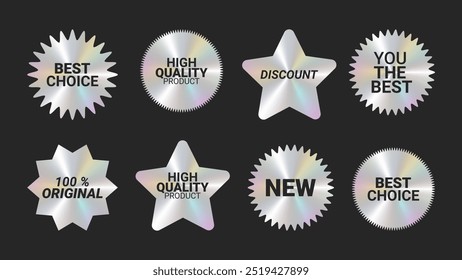 Holographic stickers logos emblem labels color set. Rainbow glow. For packaging product of promotional material. Sticker for clothes or accessories. Vector illustration.