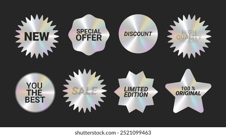 Holographic stickers logos emblem labels color set. For packaging product of promotional material. Sticker for clothes or accessories. Vector illustration.