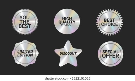 Holographic stickers logos emblem labels color set. Rainbow shimmer. For packaging product of promotional material. Sticker for clothes or accessories. Vector illustration.