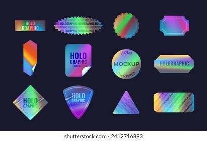 Holographic stickers mockup. Hologram sticker, iridescent neon label silver metal emblem shiny gradient badge foil tag geometric rhombus shape, realistic decent vector illustration of hologram sticker