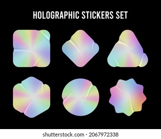 Holographic stickers mockup. Realistic hologram labels of different shapes with rumpled wrinkles. Blank holographic tags or labels. Vector illustration.