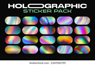 Holographic stickers pack mockup. Hologram labels of different shapes. Sticker shapes for design mockups. Holographic textured stickers for preview tags, labels. Vector illustration