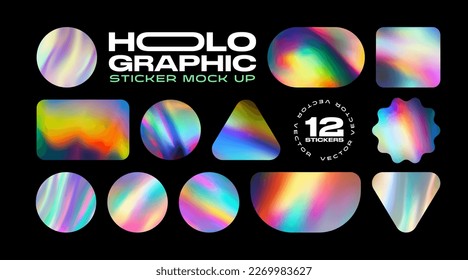 Holographic stickers pack mockup. Hologram labels of different shapes. Sticker shapes for design mockups. Holographic textured stickers for preview tags, labels. Vector illustration