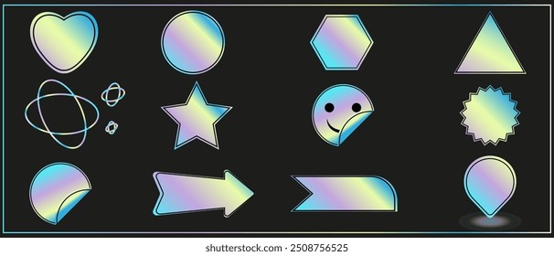 Embalagem holográfica de adesivos. Conjunto de adesivos de néon colorido, etiqueta com efeito holográfico. Isolados emblemas brilhante arco-íris. Círculo, estrela, triângulo, coração, texto. Ilustração vetorial EPS10