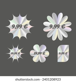 Holographic stickers with price on euro. Holographic labels with various shapes. Holographic textured  stickers for preview tags, labels, price tags. Vector graphics. EPS 10.