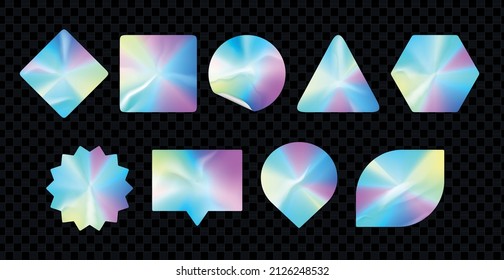 Holographic Stickers. Realistic Hologram Labels , Gradient Sale Neon Shapes. Vector Metal Logo Set
