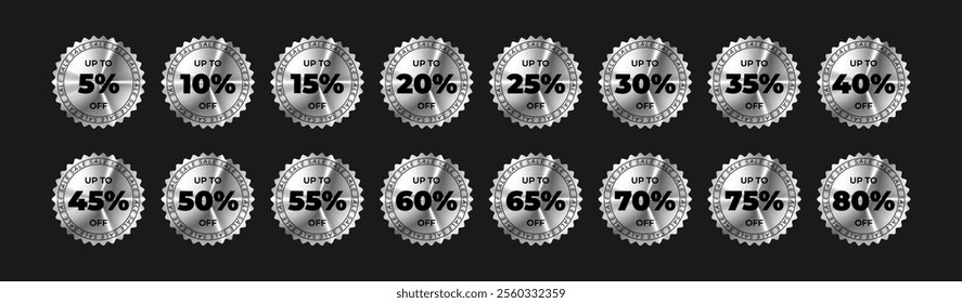 Holographic stickers set with 5 to 80 percent off discount. Percentage hologram labels. Golden rainbow shiny emblems, tags. Isolated neon vector illustration 
