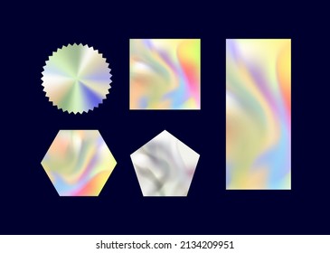 Holographic stickers set. Collection of bright and shiny graphic elements for website. Abstract diverse shapes and colorful badges. Realustic flat vector illustrations isolated on dark background