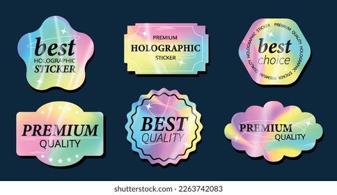 Holographic stickers set. Collection of graphic elements for website. Abstract geometric shapes, best quality and premium choice. Cartoon flat vector illustrations isolated on dark background