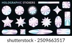 Holographic stickers set for discount, tags, label, emblem, sale. Hologram Pack gradient shapes for 100 % original, high quality product. Isolated Vector illustration.