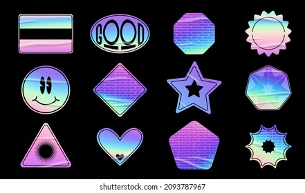 Holographic stickers set. Geometric shapes label with rainbow hologram and wrinkles. Vector elements for modern trend design.