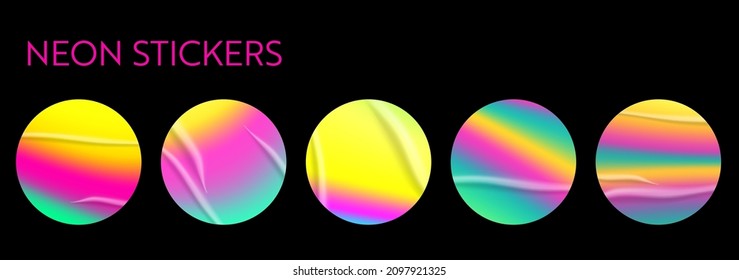 Holographic stickers set. Geometric shapes label with rainbow hologram and wrinkles. Vector elements for modern trend design.