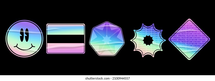 Holographic stickers set. Geometric shapes label with rainbow hologram and wrinkles. Vector elements for modern trend design.