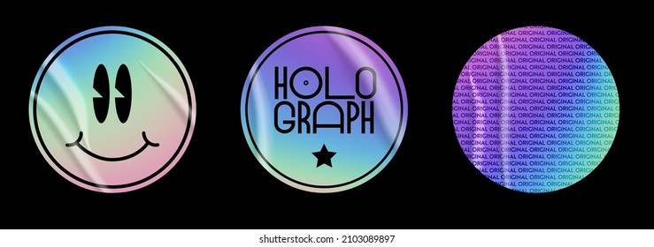 Holographic stickers set. Geometric shapes label with rainbow hologram and wrinkles. Vector elements for modern trend design.
