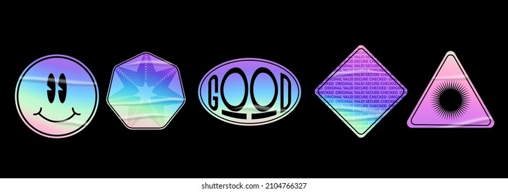 Holographic stickers set. Geometric shapes label with rainbow hologram and wrinkles. Vector elements for modern trend design.