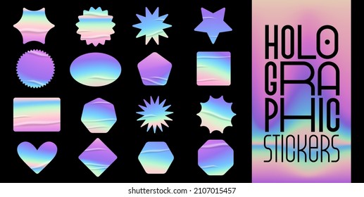 Holographic stickers set. Geometric shapes label with rainbow hologram and wrinkles. Vector elements for modern trend design.