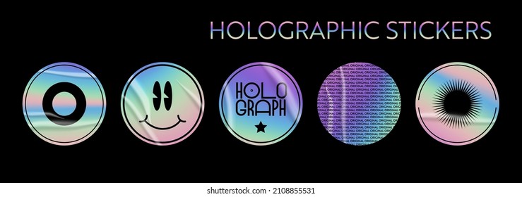 Holographic stickers set. Geometric shapes label with rainbow hologram and wrinkles. Vector elements for modern trend design.