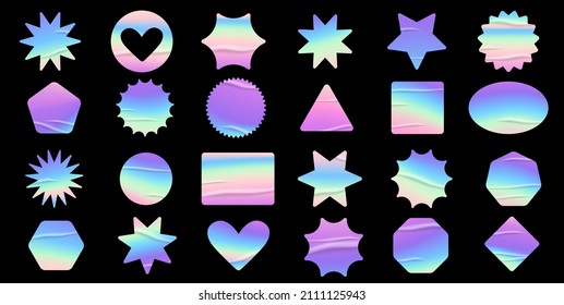 Holographic stickers set. Geometric shapes label with rainbow hologram and wrinkles. Vector elements for modern trend design.