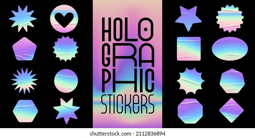 Holographic stickers set. Geometric shapes label with rainbow hologram and wrinkles. Vector elements for modern trend design.