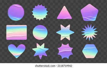 Holographic stickers set. Geometric shapes label with rainbow hologram and wrinkles. Vector elements for modern trend design.