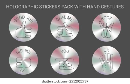 Holographic stickers set with hand gestures. Stickers are in rainbow color gradient, and have a metaliic effect.