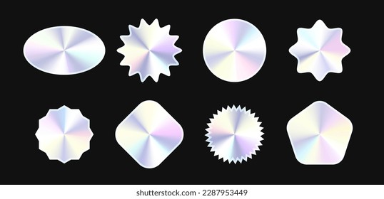 Holographic stickers set. Hologram labels collection. Shiny silver foil elements for emblems, tags, labels, badges, templates. Vector illustration pack