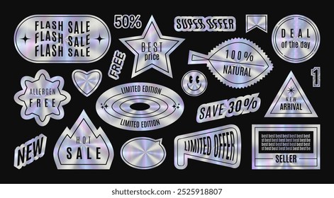 Holographic stickers set. Hologram labels of different shapes. Geometric Flash sale, best price, free, super offer, 100 natural, deal of the day, allergen, limited edition, offer, hot.