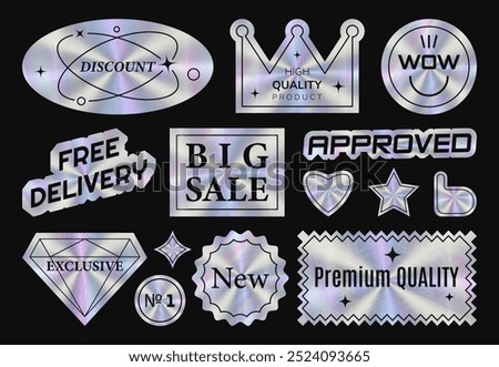 Holographic stickers set. Hologram labels of different shapes. Holographic textured tag for bid sale, premium quality, free delivery, approved, new wow. Geometric, crown, star, like, heart and diamond