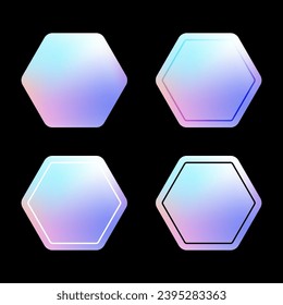 Holographic stickers. Set of hologram tag labels, iridescent foil badge stickers hexagon shape with plain, overlay, white and black border line. Sticker mockup template. Vector illustration.